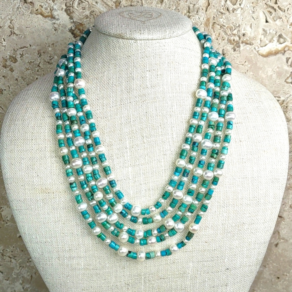 Lucas Lameth Turquoise/Pearl Multi Strand Layered Necklace